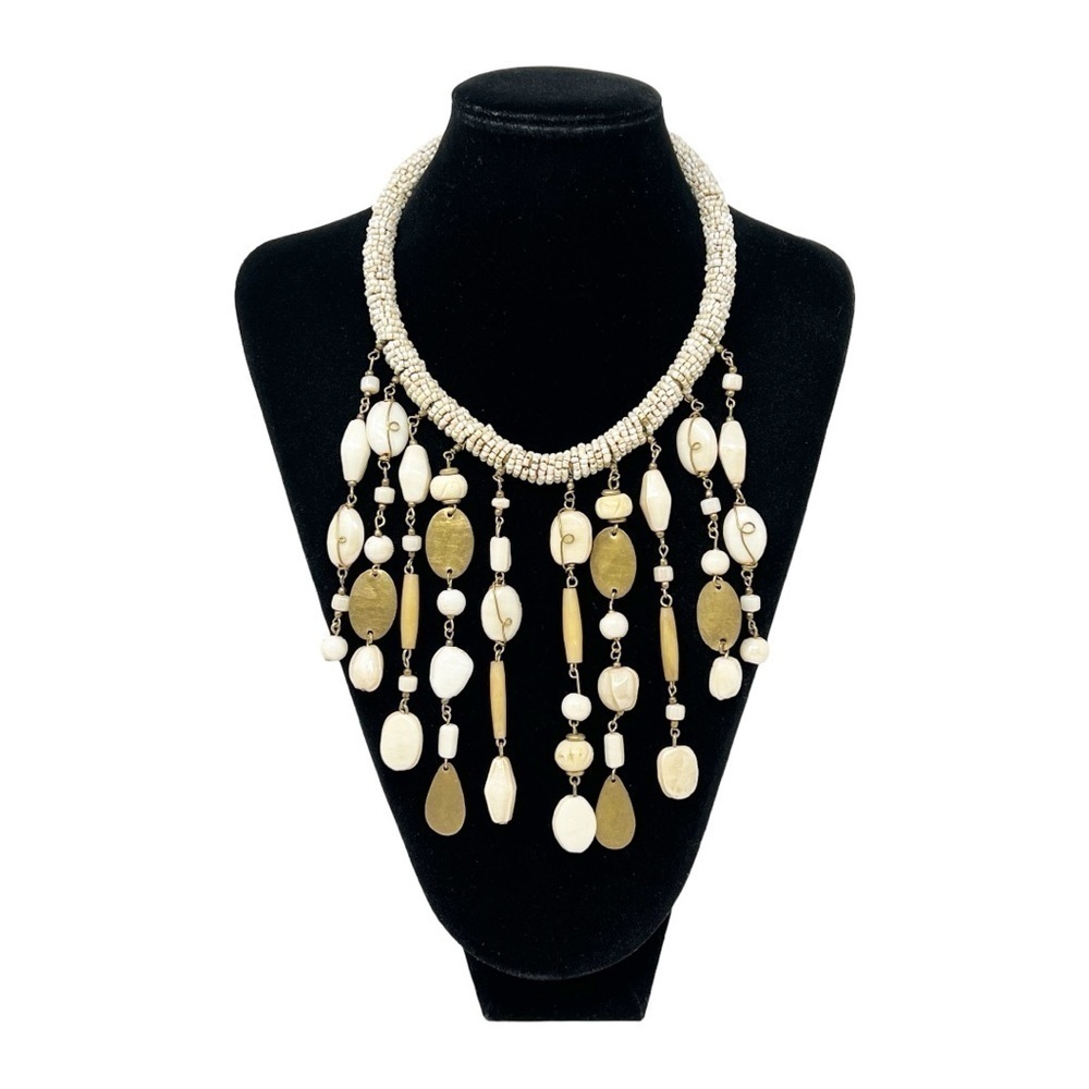 Vintage Bohemian Chic Seed, Glass Beads, Wood and Metal Bib Necklace